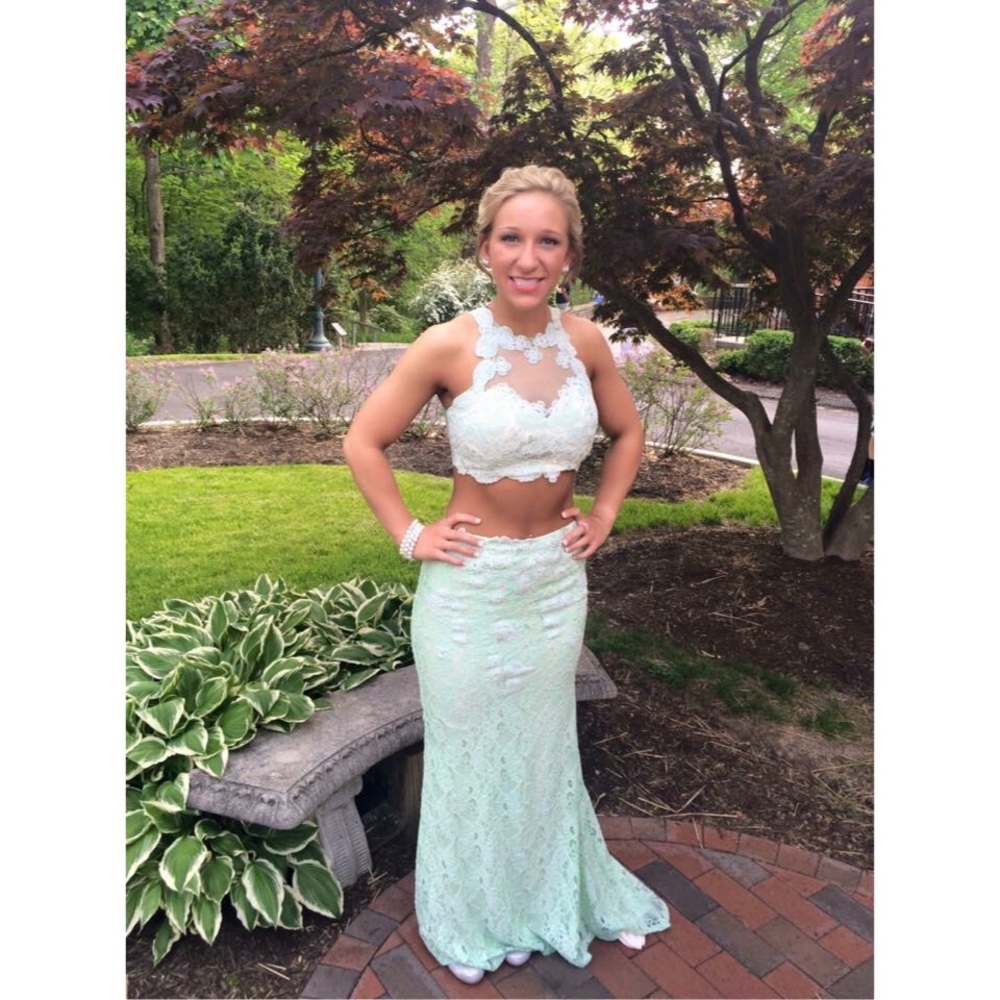 Jovani Lace Mint Two-Piece Prom Dress